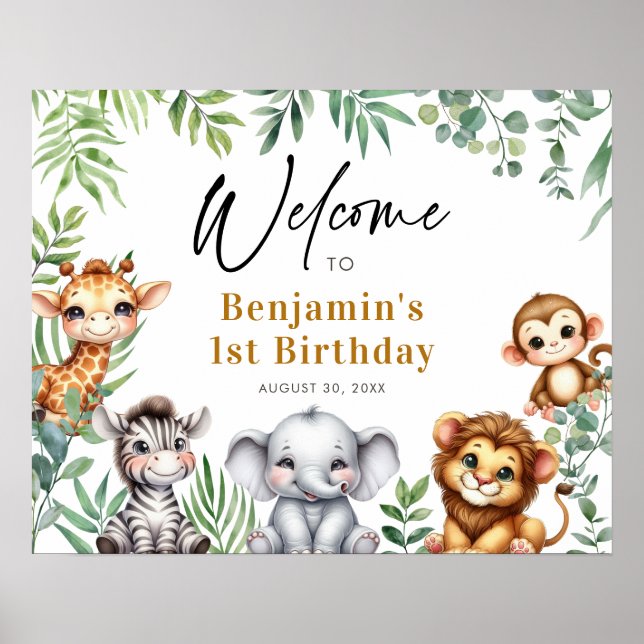 Safari Jungle Animals Boy 1st Birthday Welcome Poster (Front)