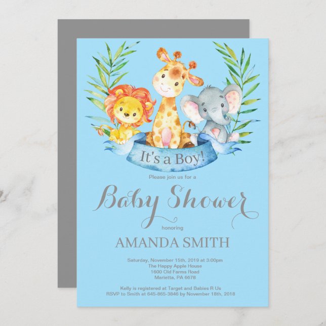 Safari Jungle Animals Boy Baby Shower Invitation (Front/Back)