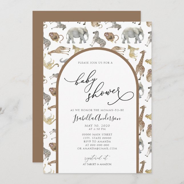 Safari Jungle Animals Brown Arch Baby Shower Invitation (Front/Back)