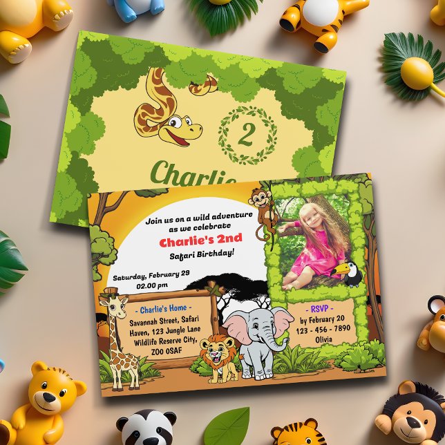 Safari Jungle Animals Cute Photo Birthday Party Invitation (Creator Uploaded)