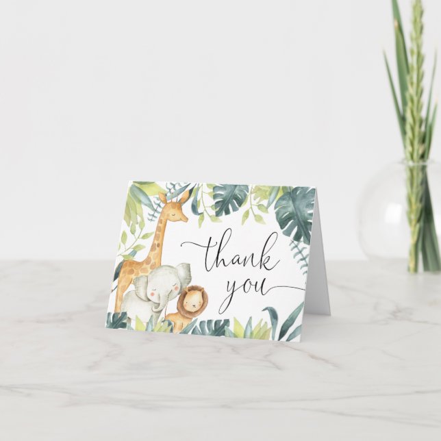 Safari jungle animals elephant giraffe watercolor thank you card (Front)