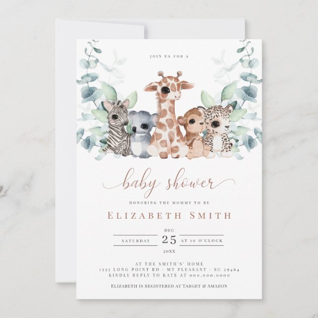 Safari Jungle Animals Eucalyptus Baby Shower Invitation (Front)