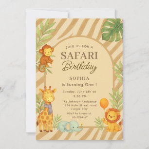 Safari Jungle Animals First Birthday Invitation