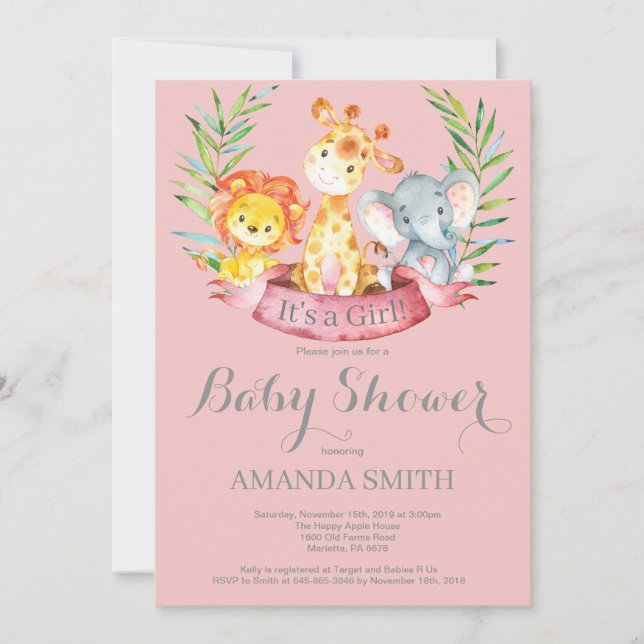 Safari Jungle Animals Girl Baby Shower Invitation (Front)
