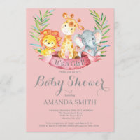 Safari Jungle Animals Girl Baby Shower Invitation