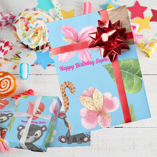 Safari Jungle Animals Happy Birthday Name Wrapping Paper