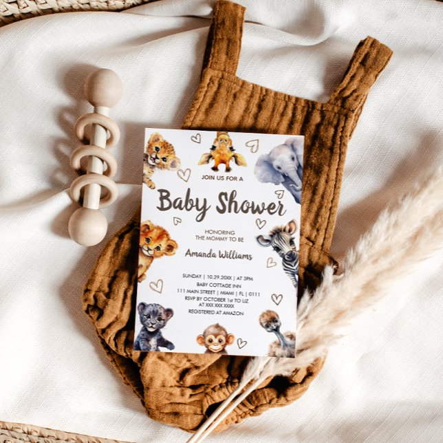 Safari Jungle Animals & Hearts Modern Baby Shower Invitation (Creator Uploaded)