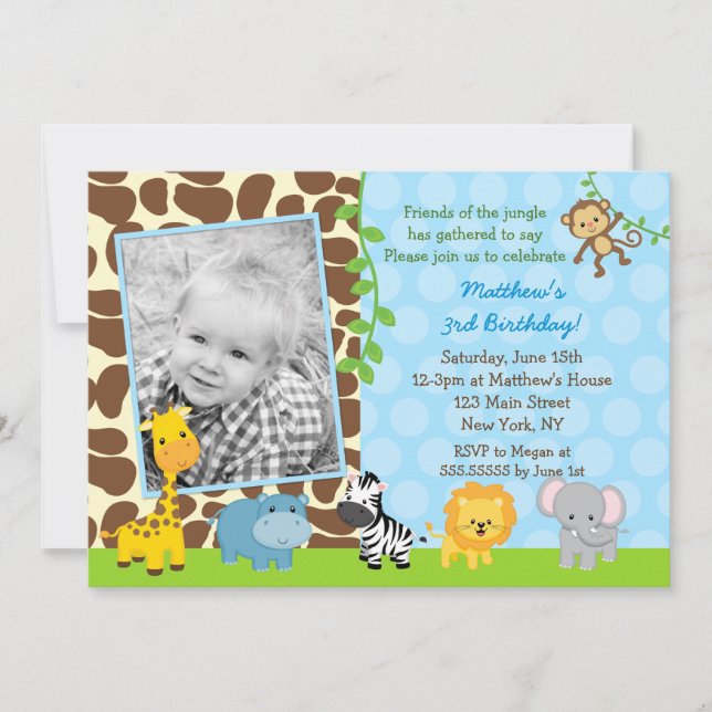 Safari Jungle  Animals Photo Birthday Invitations (Front)