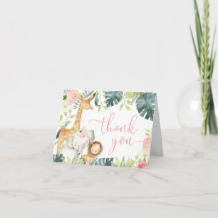 Safari jungle animals pink white floral watercolor thank you card