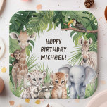 Safari Jungle Animals themed kids birthday Paper Plate<br><div class="desc">Step into a whimsical world of adventure with our Safari Jungle Animals Themed Birthday Paper Plate, a delightful addition to any little boy's birthday celebration. Each plate features an enchanting design of watercolor-rendered baby animals, including a giraffe, tiger, elephant, zebra, and more, playfully nestled among lush tropical leaves. These charming...</div>