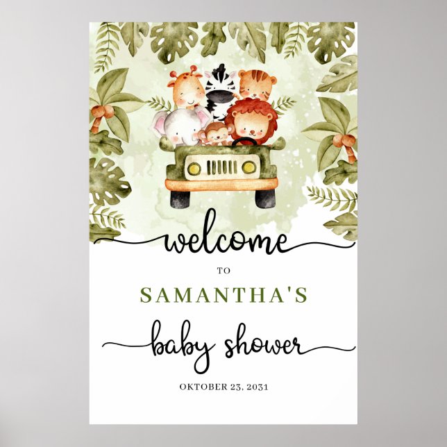 Safari jungle animals truck baby shower welcome poster (Front)