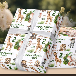 Safari Jungle Animals Two Wild 2nd Birthday Name Wrapping Paper