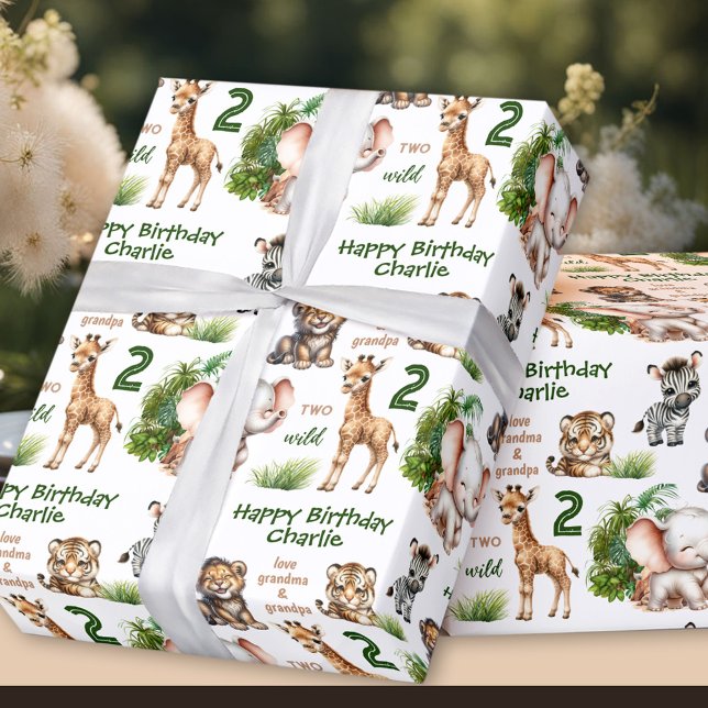 Safari Jungle Animals Two Wild 2nd Birthday Name Wrapping Paper (Safari Jungle Animals Two Wild 2nd Birthday Name Wrapping Paper)
