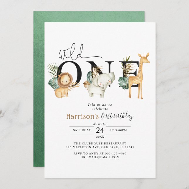 Safari Jungle Animals Wild One First Birthday Invitation (Front/Back)