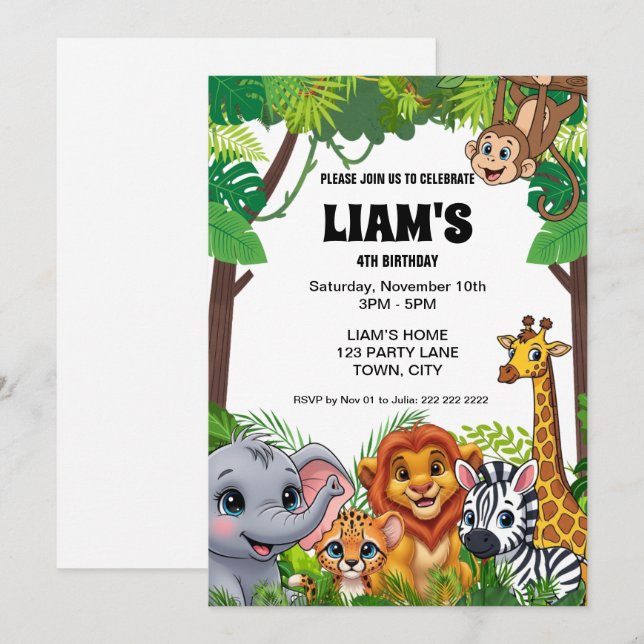 Safari Jungle Birthday Invitation 5x7 (Front/Back)