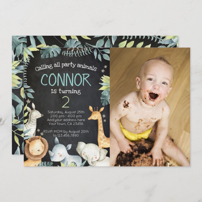 Safari Jungle Birthday Invitation with Photo (Front/Back)