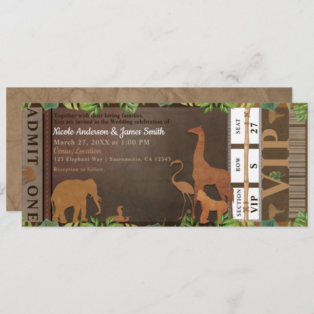 Safari Jungle Brown Animals Wedding Ticket Invitation (Front/Back)