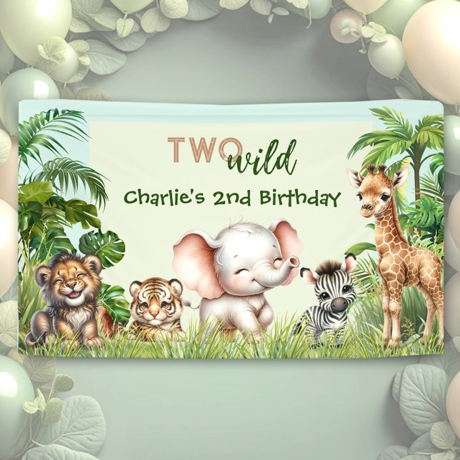 Safari Jungle Cute Animals Two Wild 2nd Birthday Banner (Safari Jungle Cute Animals Two Wild 2nd Birthday Banner)