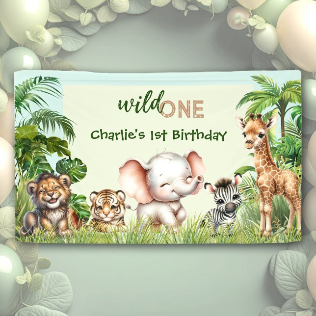 Safari Jungle Cute Animals Wild One 1st Birthday Banner (Safari Jungle Cute Animals Wild One 1st Birthday Banner)