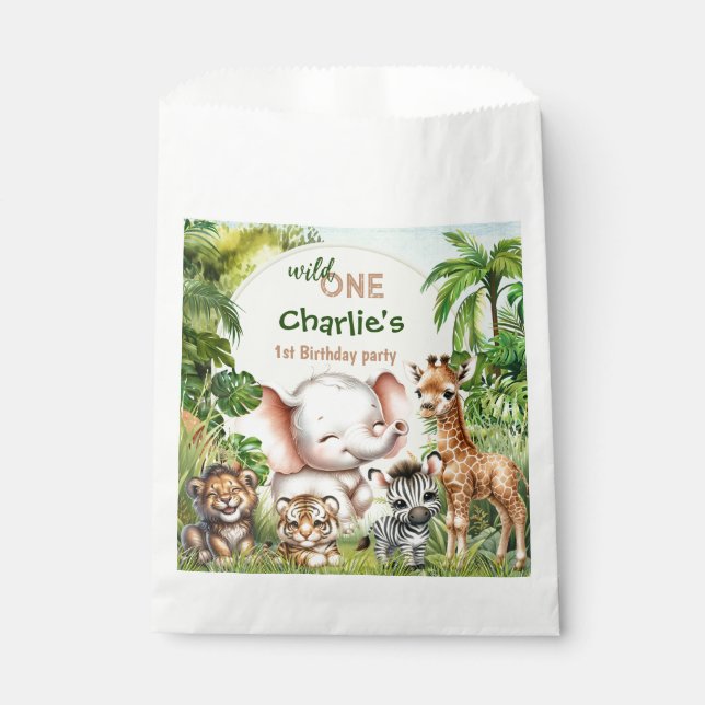 Safari Jungle Cute Animals Wild One 1st Birthday Favour Bags (Front)