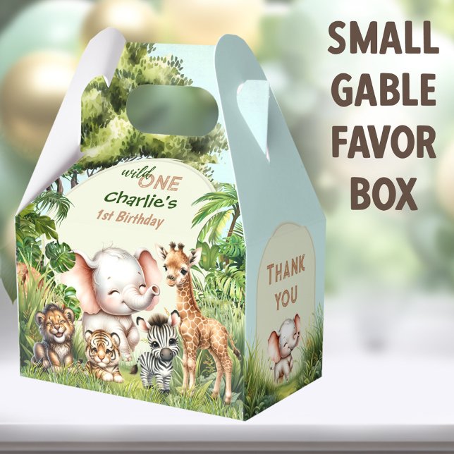 Safari Jungle Cute Animals Wild One 1st Birthday Favour Box (Wild One Safari Small Gable Favor Boxes - You can choose from 3 sizes of these gable favor boxes)