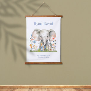 Safari Jungle Cute Elephant Blue Orange Flowers Hanging Tapestry