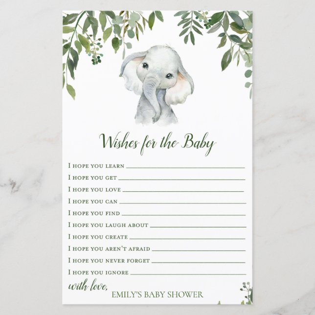 Safari Jungle Elephant Baby Shower Game PRINTED (Front)