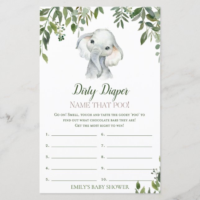 Safari Jungle Elephant Baby Shower Game PRINTED (Front)