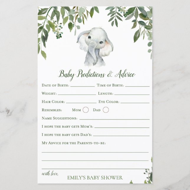 Safari Jungle Elephant Baby Shower Game PRINTED (Front)