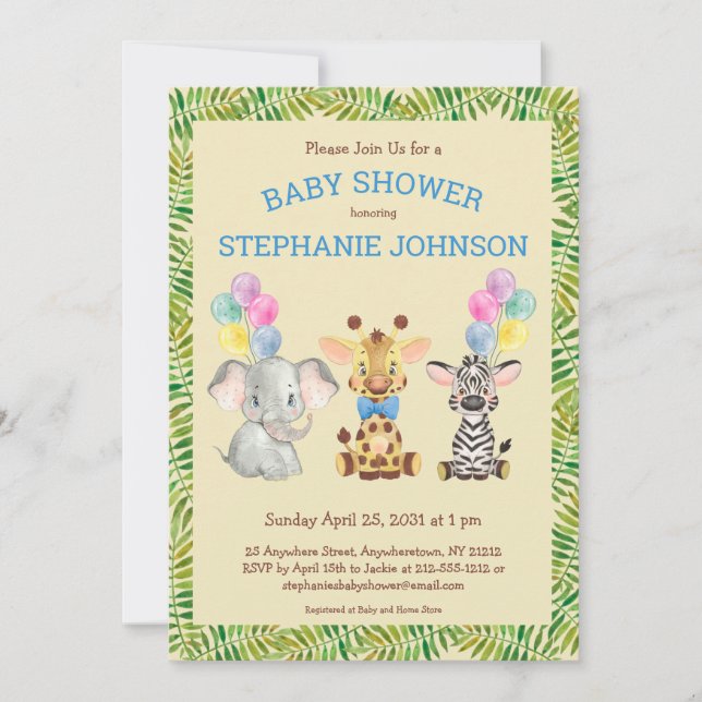 Safari Jungle Elephant Giraffe Zebra Baby Shower Invitation (Front)