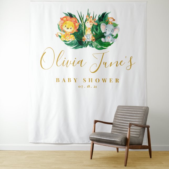 Safari Jungle Elephant Lion Baby Shower Backdrop Tapestry (In Situ)