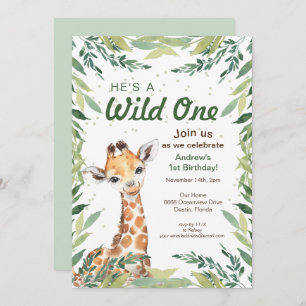 Safari Jungle Giraffe Wild One 1st Birthday Party Invitation
