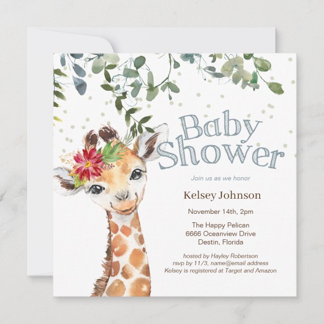 Safari Jungle Girl Giraffe Blue Baby Shower Invitation (Front)