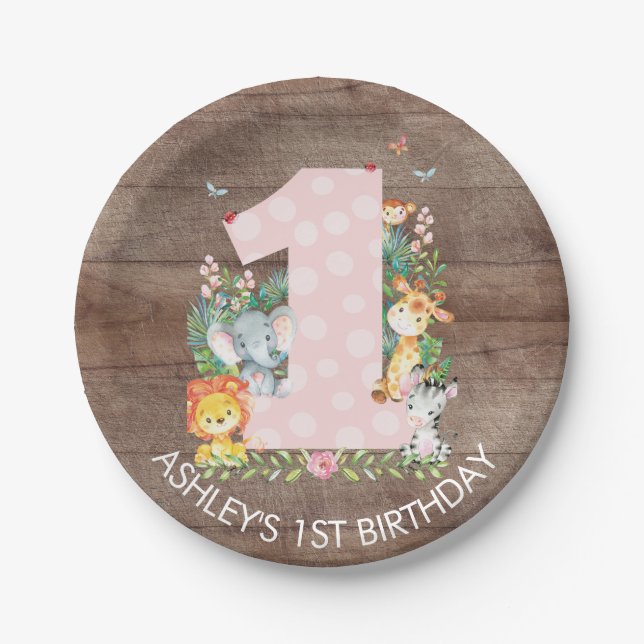 Safari Jungle Girls 1st Birthday 7" Plate (Front)