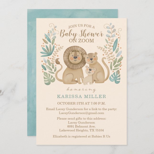 Safari Jungle Lion Virtual Baby Boy Shower Invitation (Front/Back)