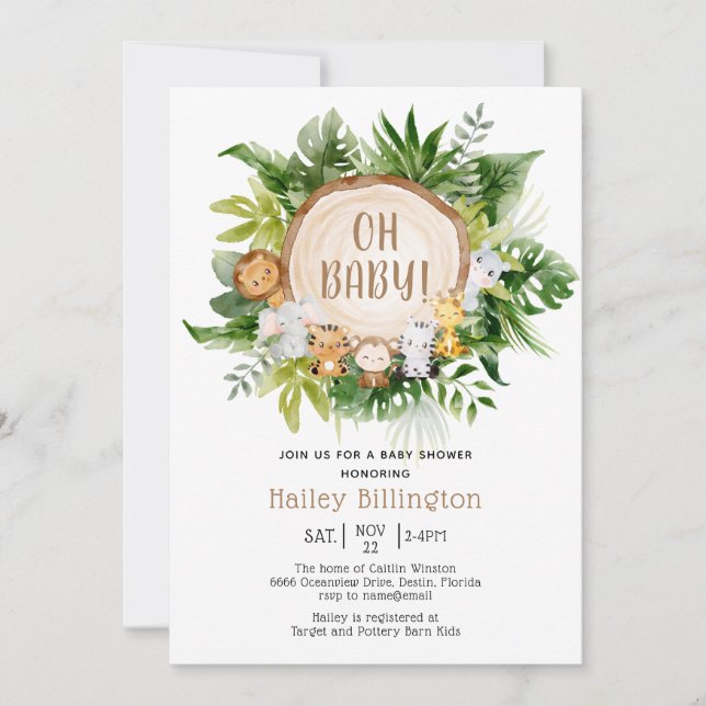 Safari Jungle Oh Baby Watercolor Baby Shower Invitation (Front)