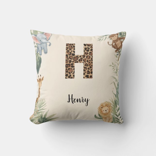 Safari Jungle Personalized Name Monogram H Nursery Cushion (Front)