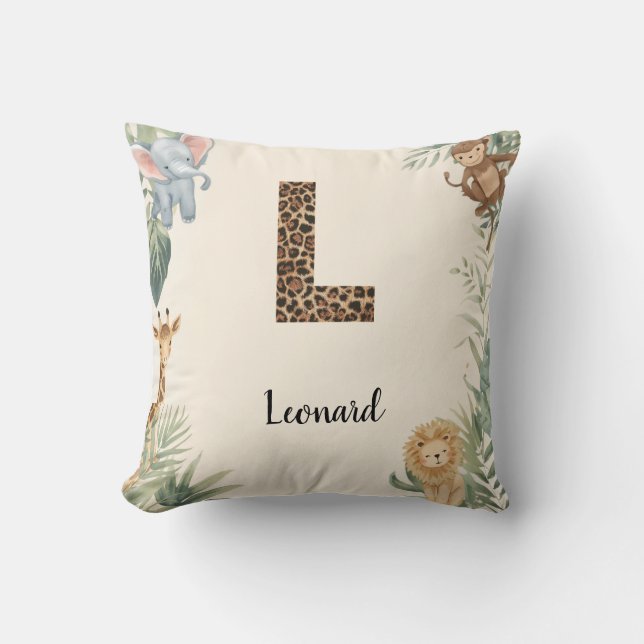 Safari Jungle Personalized Name Monogram L Nursery Cushion (Front)