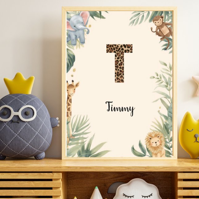 Safari Jungle Personalized Name Monogram T Nursery Poster (Creator Uploaded)