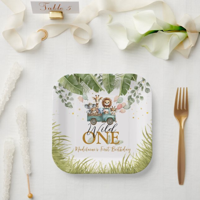 Safari Jungle Wild One First Birthday Square Paper Plate (Wedding)