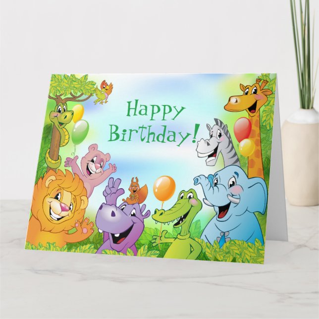 Safari jungle with smiling animals Happy Birthday Card (Front)