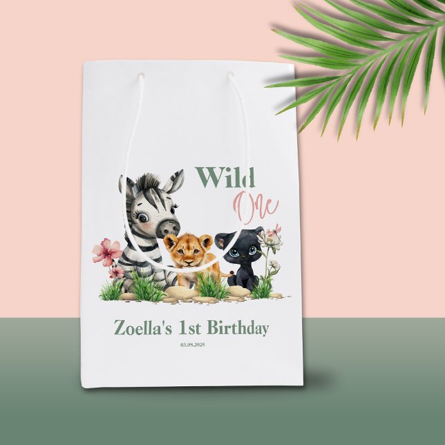 Safari Jungle Zoo Animals Pink Wild One Birthday Medium Gift Bag (Safari Jungle Zoo Animals Zebra Tiger Panther Pink Flowers Wild One 1st Birthday Gift Bag)