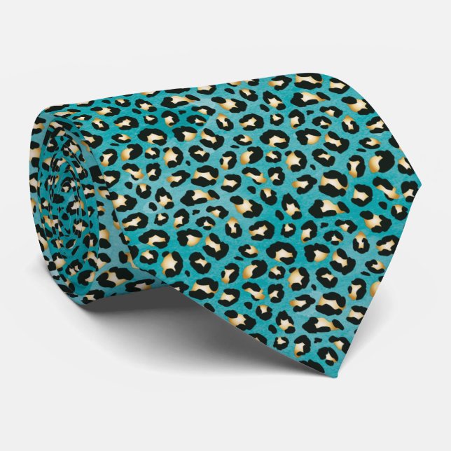 Safari Leopard Print Teal Rosettes Tie (Rolled)