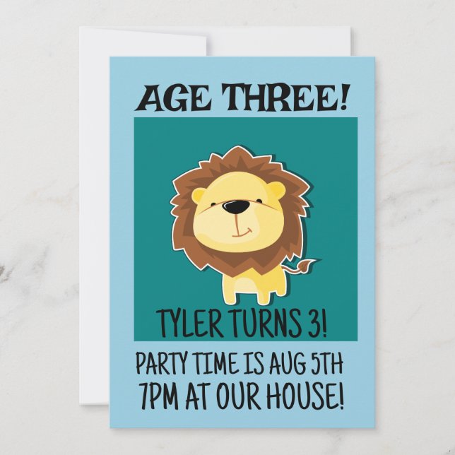 SAFARI LION AGE 3 THREE 3RD BIRTHDAY INVITATIONS (Front)