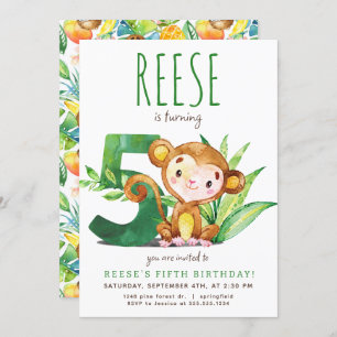 Safari Monkey Fifth Birthday Invitation
