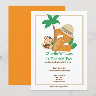 Safari Monkey Second Birthday Party Invitation