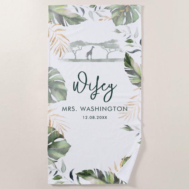 Safari Palm Leaves Tropical Wifey Script Honeymoon Beach Towel (Front)