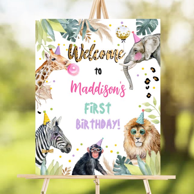 Safari Party Animals Wild Girl Birthday Welcome Poster (Creator Uploaded)