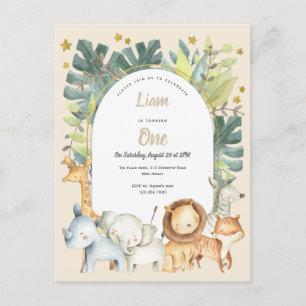 Safari party jungle animals boy first birthday invitation postcard