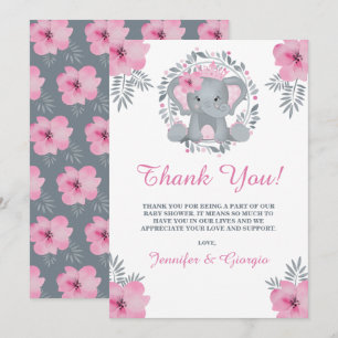 Safari Pink Floral Elephant Baby Shower Thank You Card